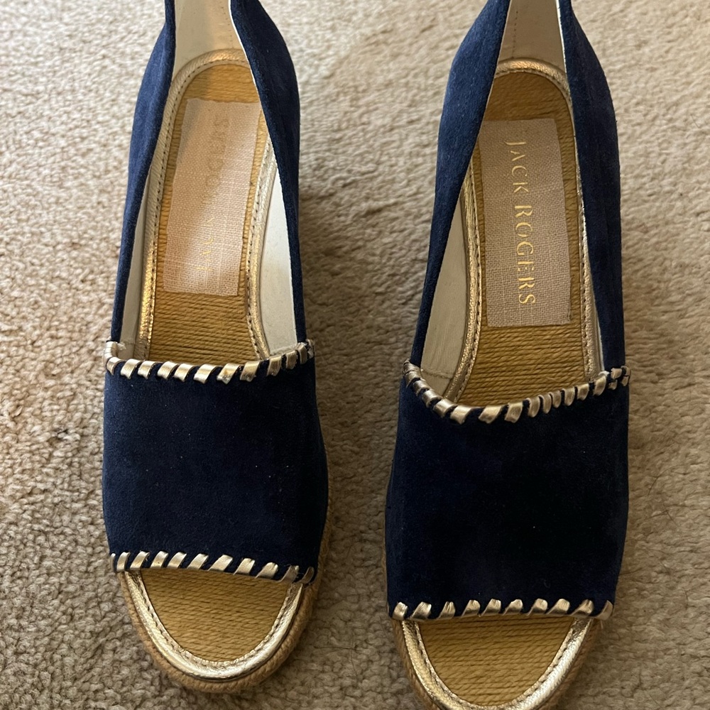 Jack Rogers Blue and Gold Wedge Espadrilles
